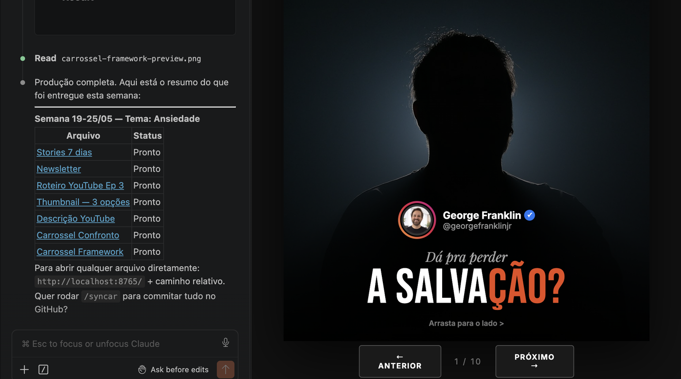 AI Native Builder OS — outputs prontos da semana com preview visual aberto no browser